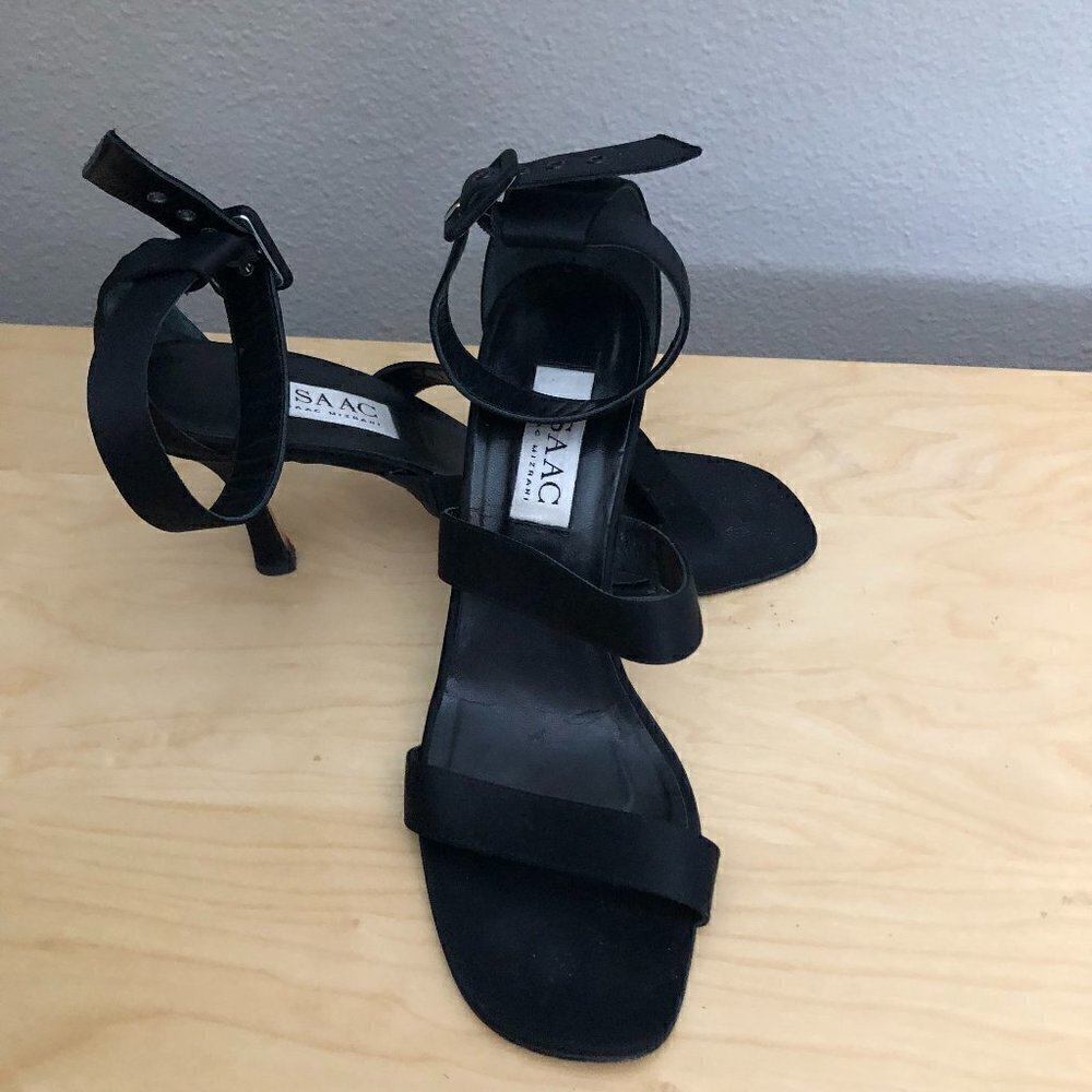 Isaac Mizrani Satin Strappy Heels Women's size 9 B Black Square Toe Ankle Wrap